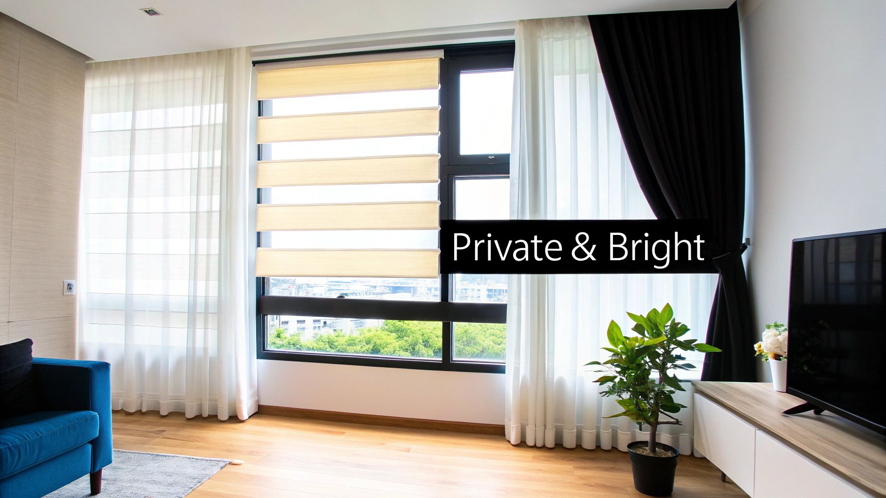A well-lit living room with sheer white curtains providing privacy while allowing natural light to filter through.
