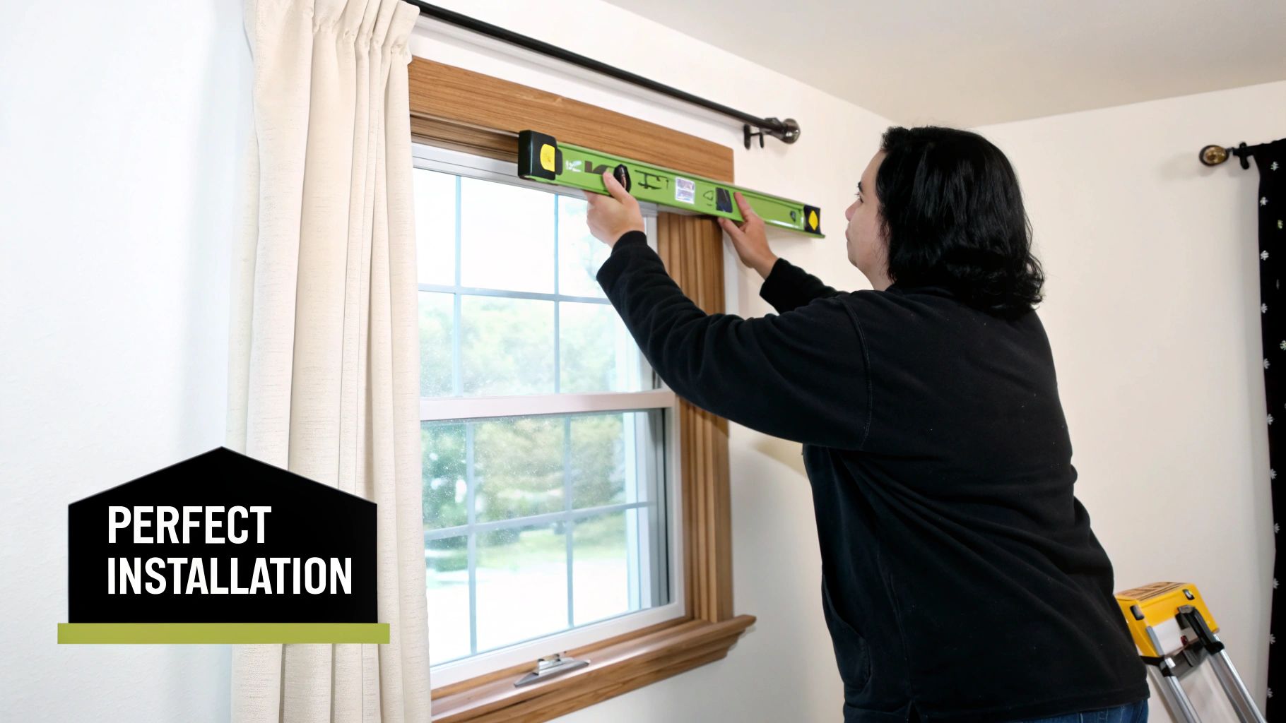 A person uses a green level to ensure perfect installation of a curtain rod above a window.
