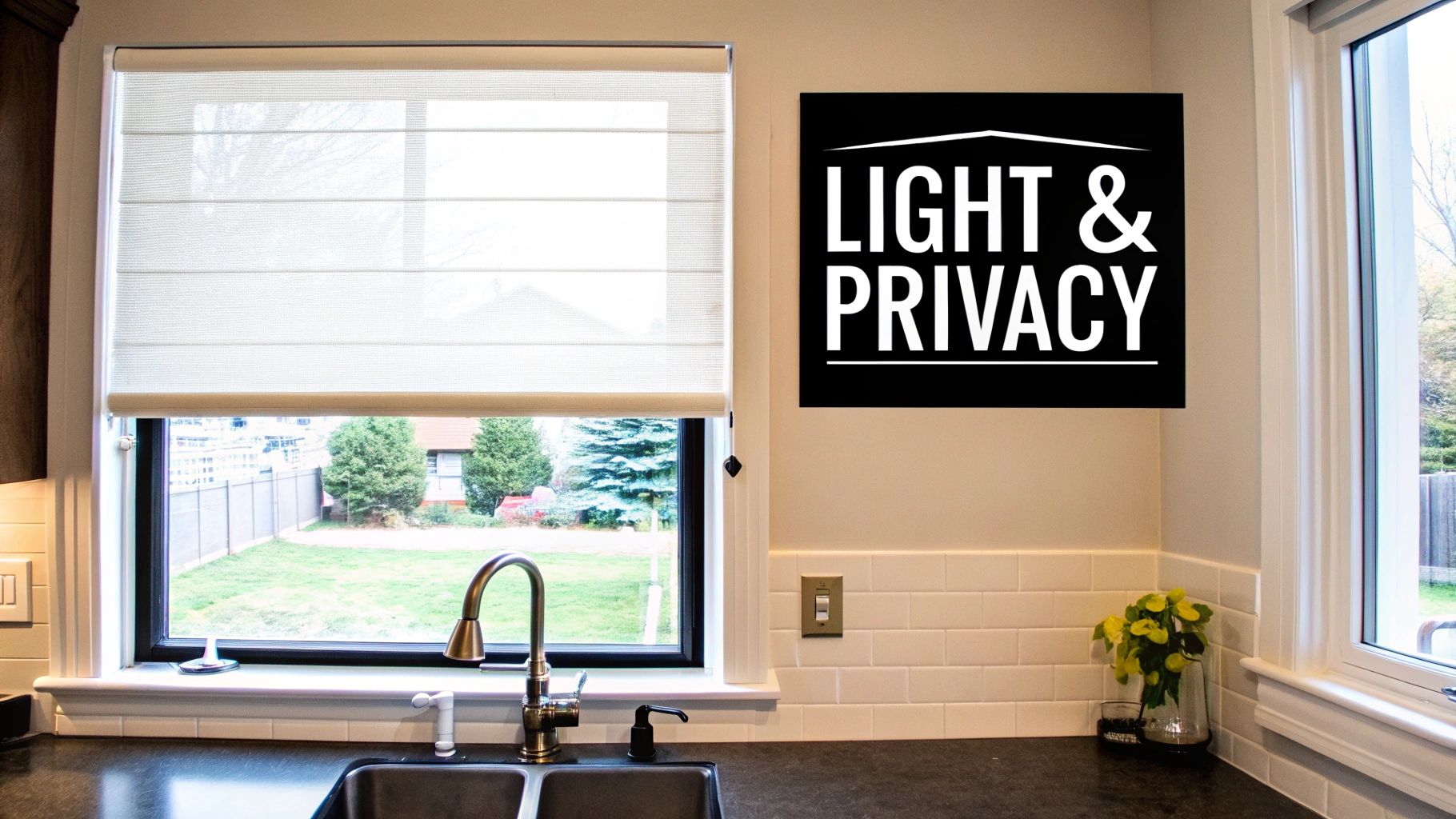 A modern kitchen sink under a window with a light-filtering Roman shade, balancing light and privacy.