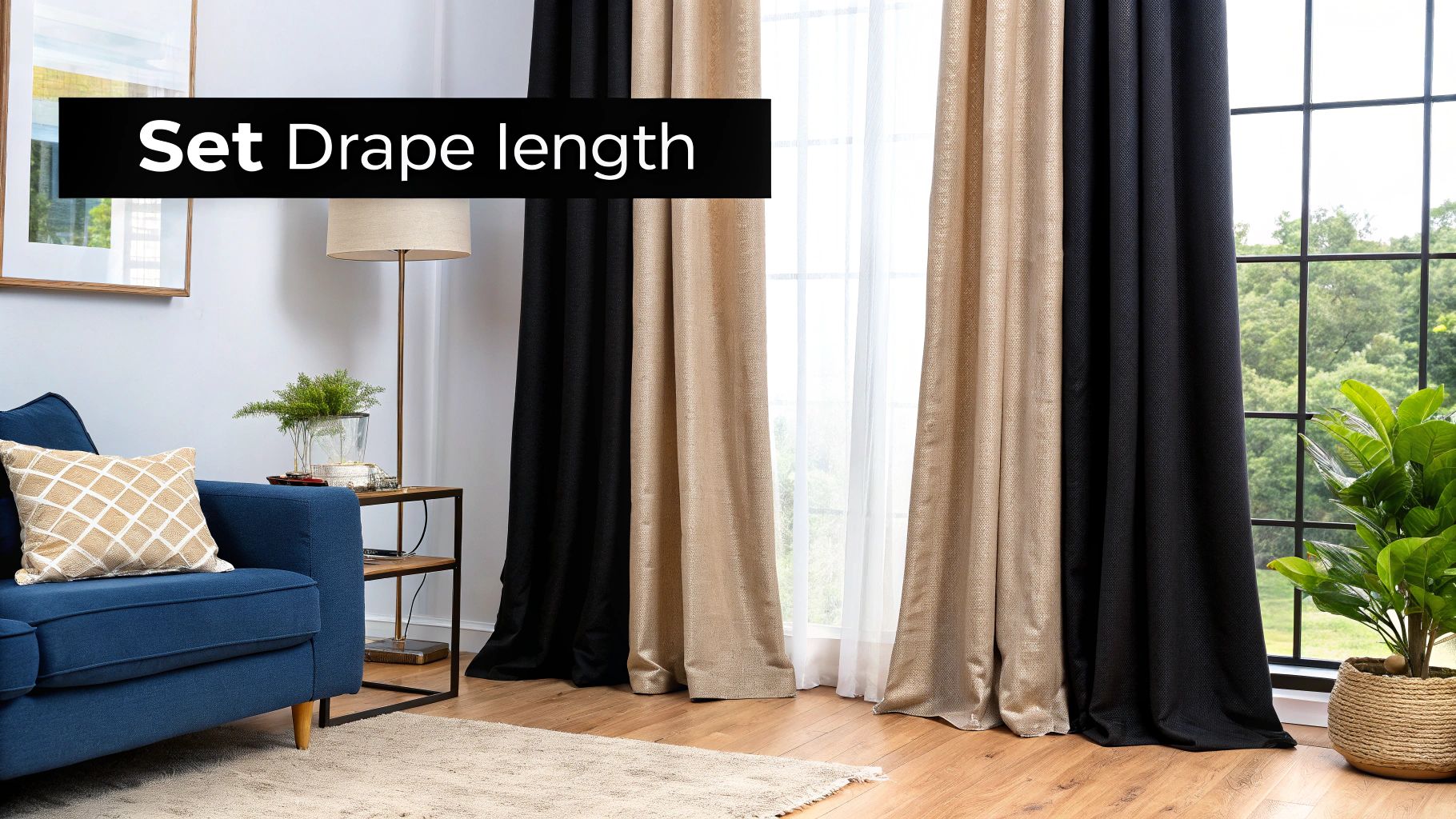 A modern living room showing how light-colored drapes blend seamlessly with the wall color.