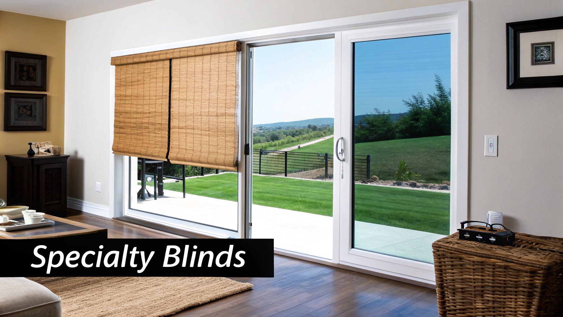 Sliding glass door with natural woven specialty blinds overlooking a green backyard and hills.