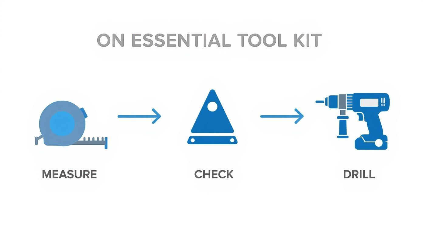 Infographic about install curtain rods showing the 'measure, check for studs, drill' workflow.