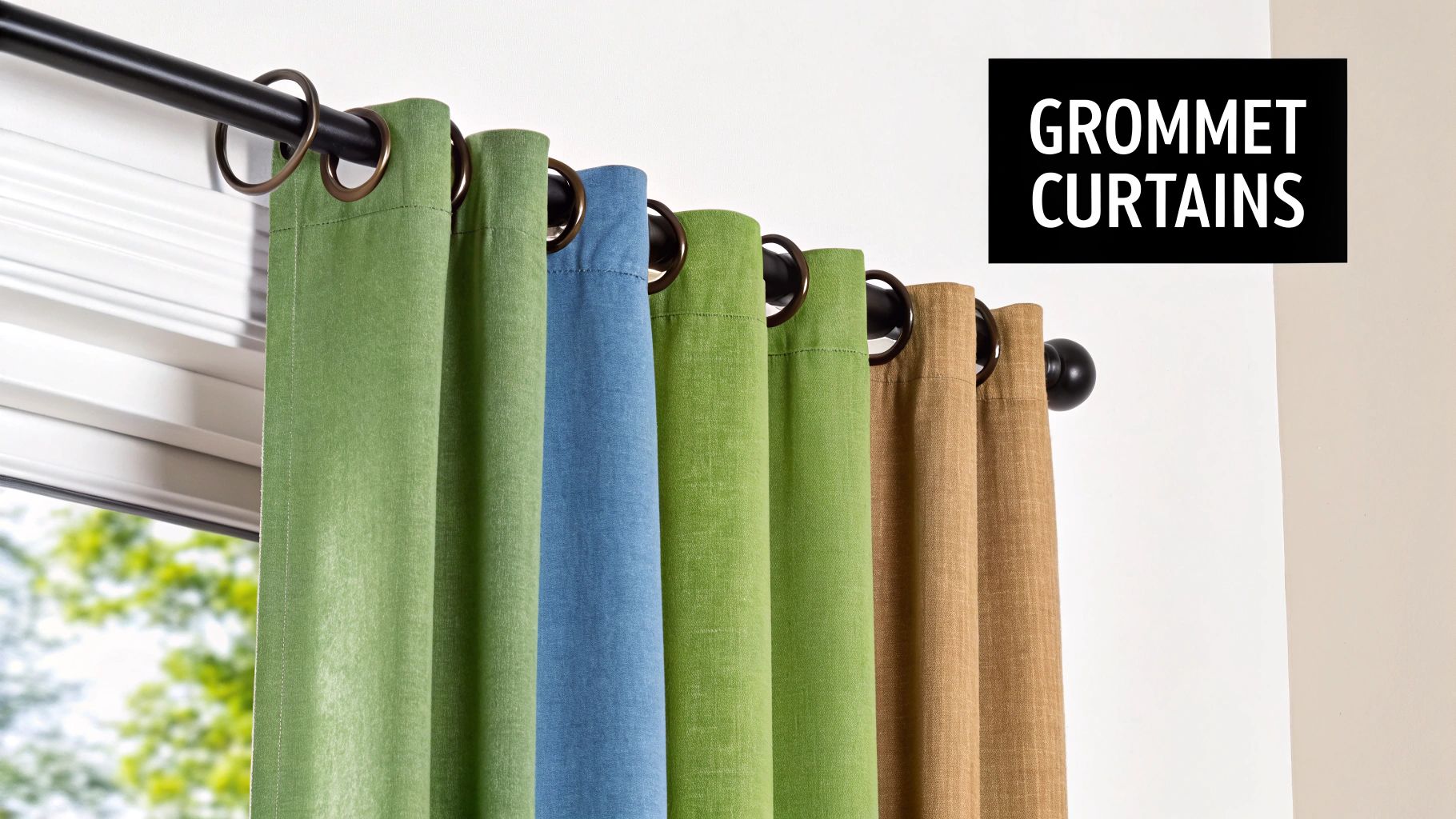 Assortment of green, blue, and brown grommet curtains hanging on a dark rod over a window.