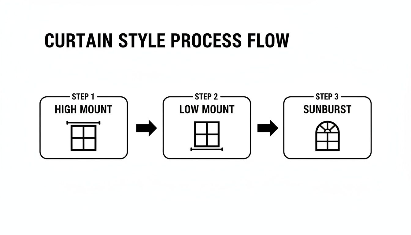 A three-step process flow illustrating curtain styles: high mount, low mount, and sunburst window treatments.