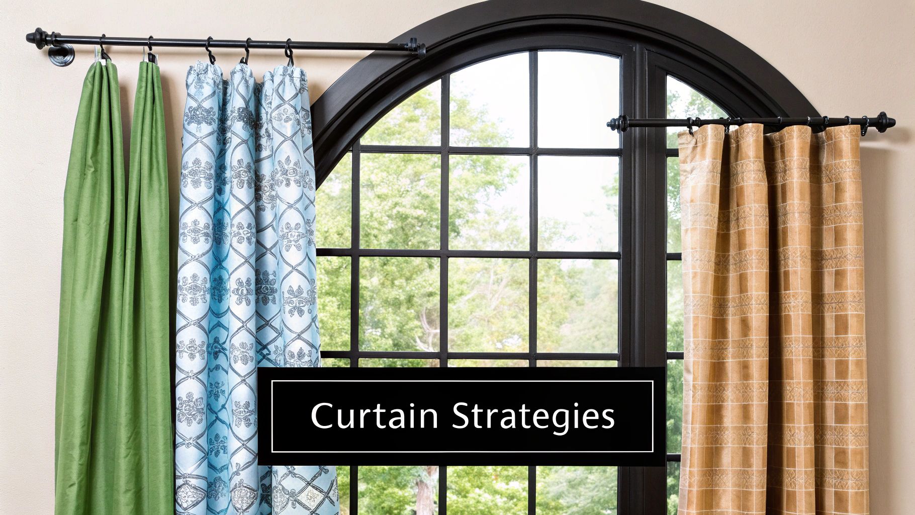 A stylish living room with beige curtains hung high above a large arched window.