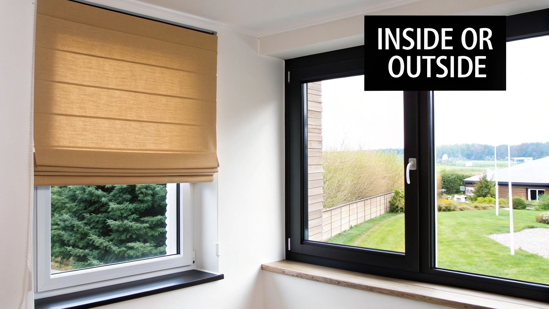 Interior view of two windows, one with a Roman blind partially lowered, showing an outdoor scene.