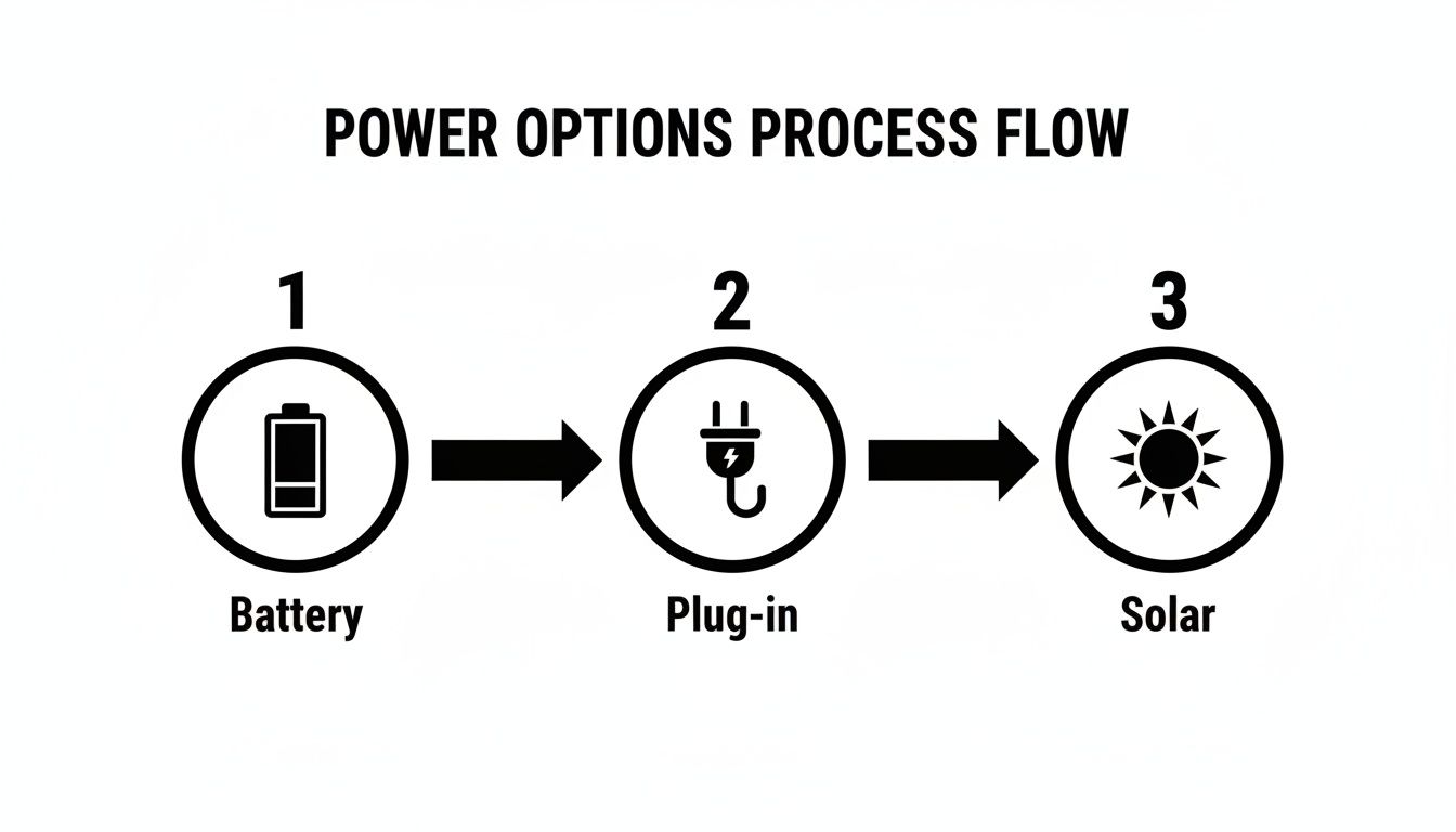 A process flow diagram illustrating three power options: Battery, Plug-in, and Solar power.