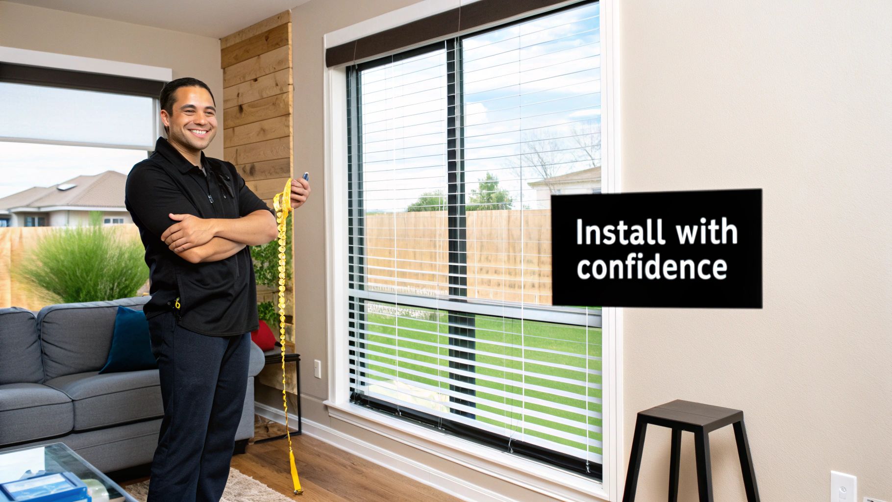 A smiling man holds a measuring tape in a modern living room before a vertical window blinds installation.