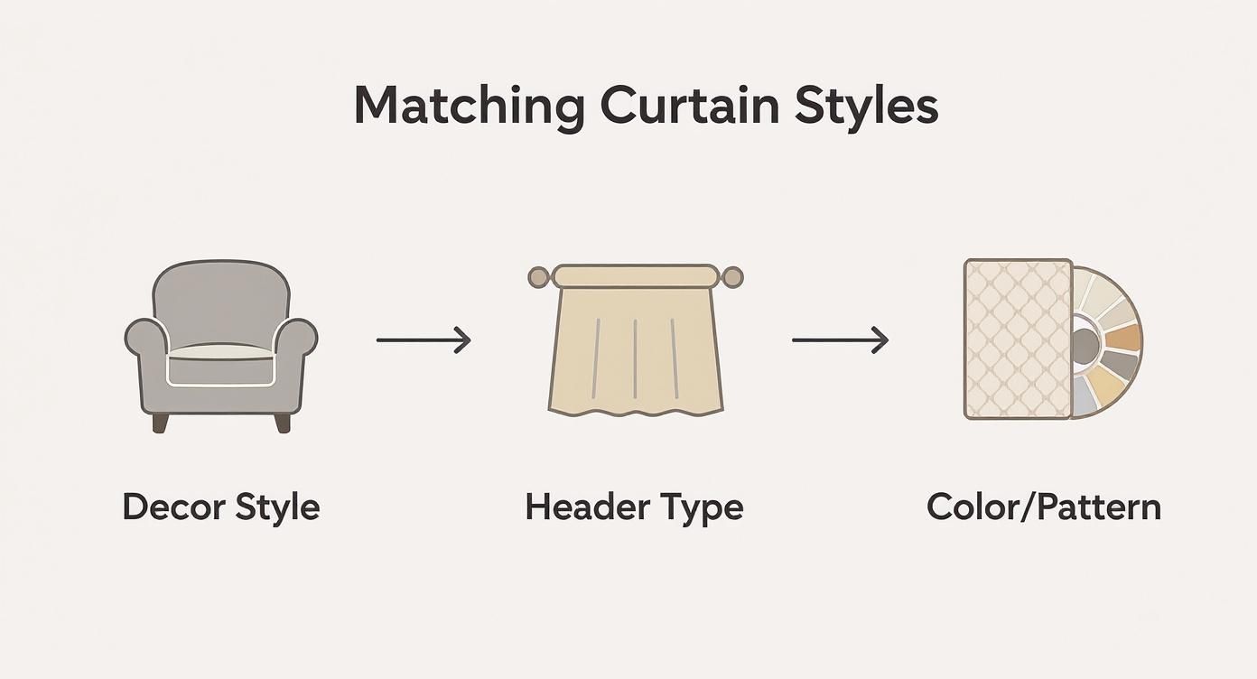 Diagram showing how to match curtain styles based on decor style, header type, and color/pattern selection.