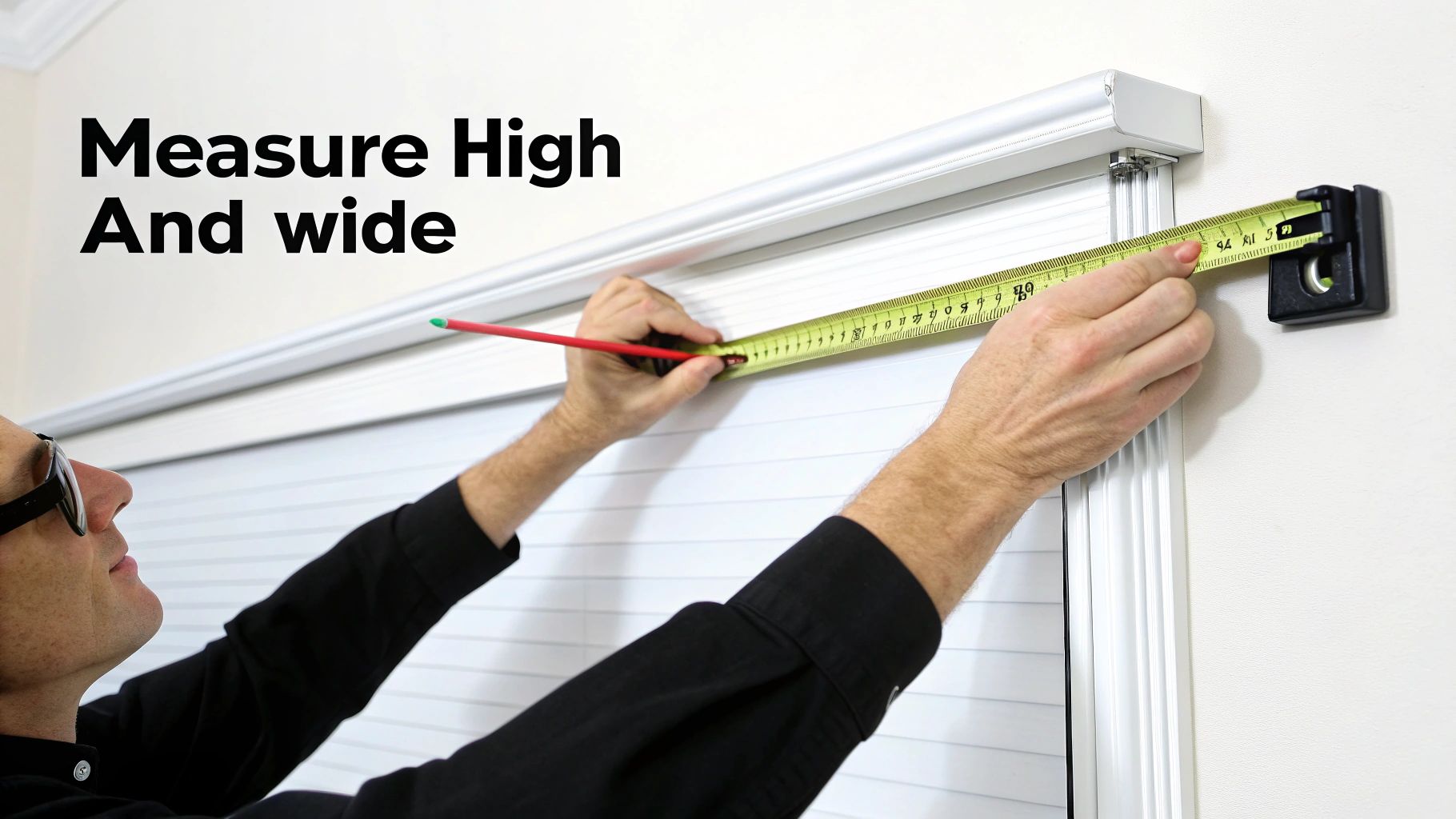 A person uses a tape measure and pencil to accurately measure window blinds for installation.