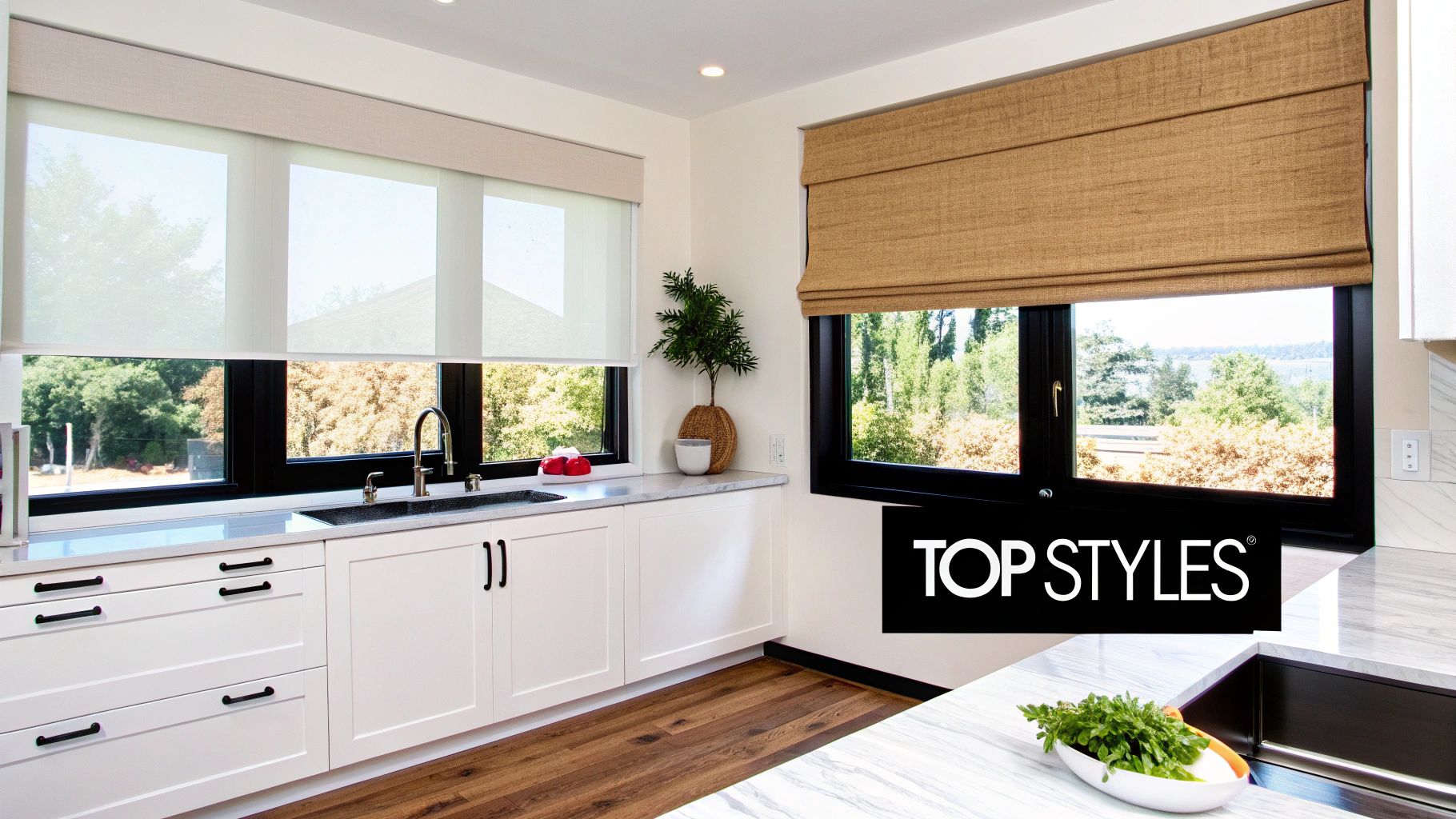 Modern kitchen with white cabinets, wood floors, and contrasting window treatments: roller shades and a Roman shade.