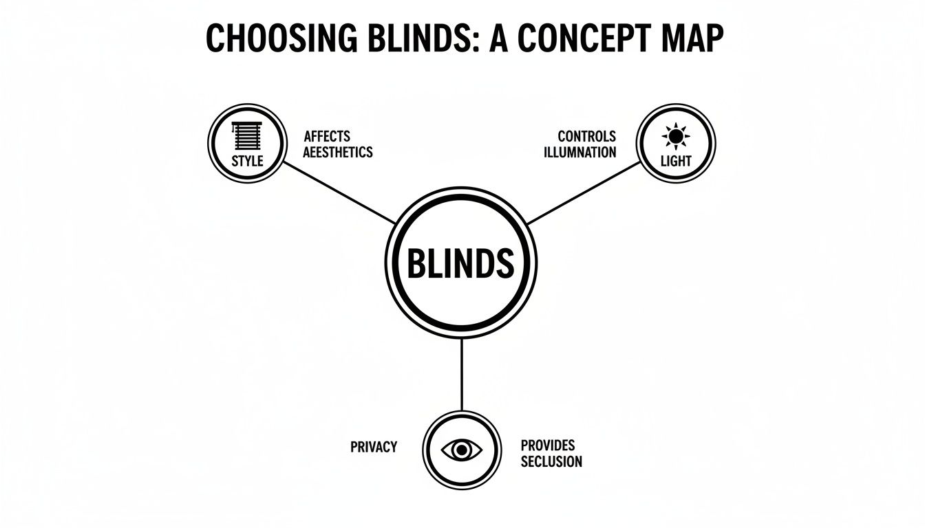 A concept map illustrating how choosing blinds affects aesthetics (style), controls illumination (light), and provides seclusion (privacy).