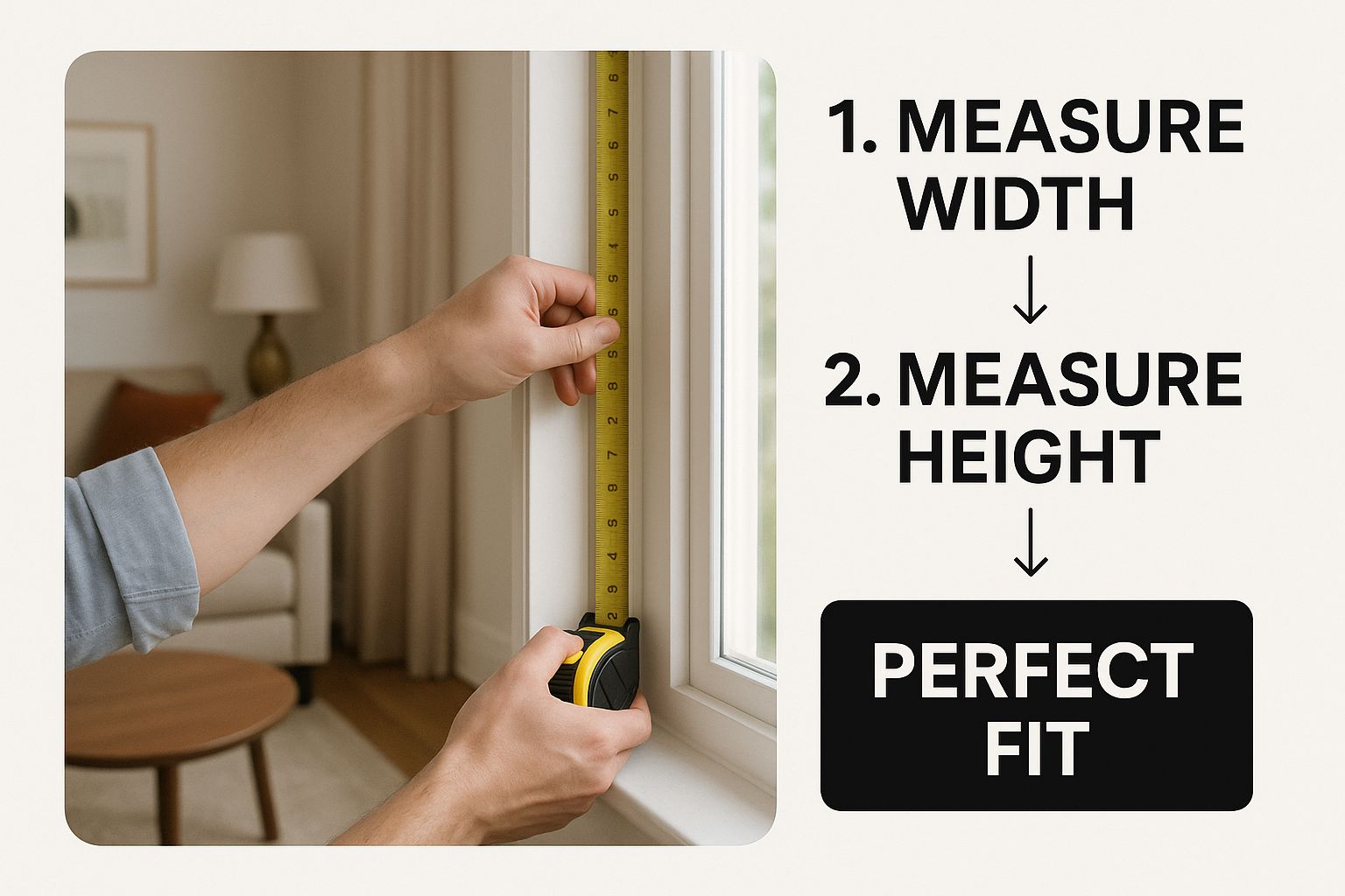 Infographic showing how to measure window width and length for drapes.