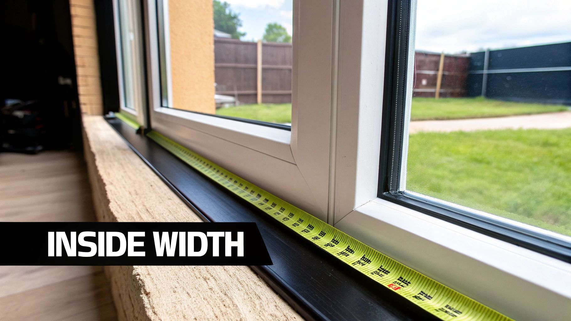 An illustration showing how to measure a window for an outside mount blind, with arrows indicating the overlap.