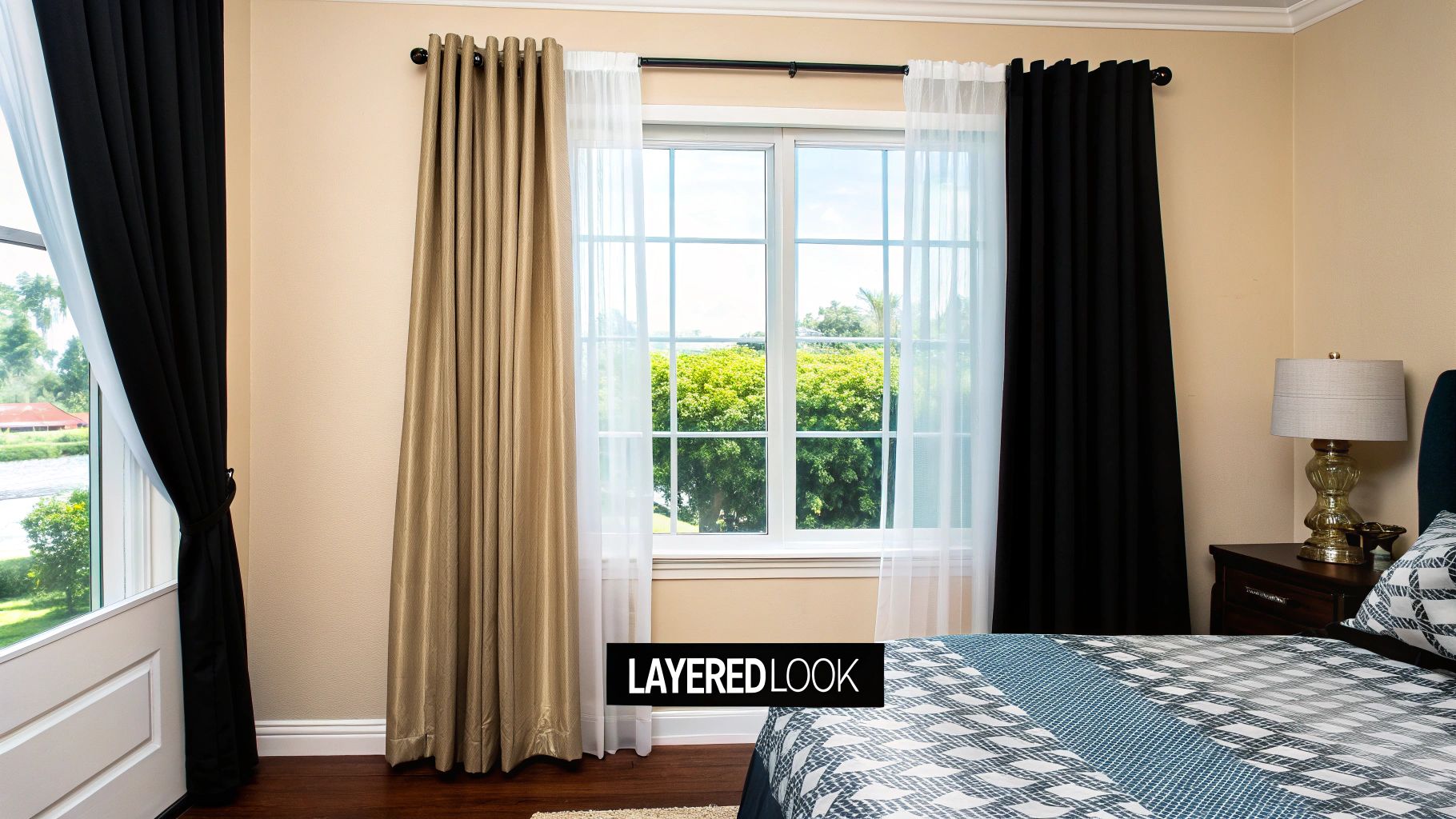 A beautifully layered window with white sheer curtain panels and heavier beige drapes on a double curtain rod.