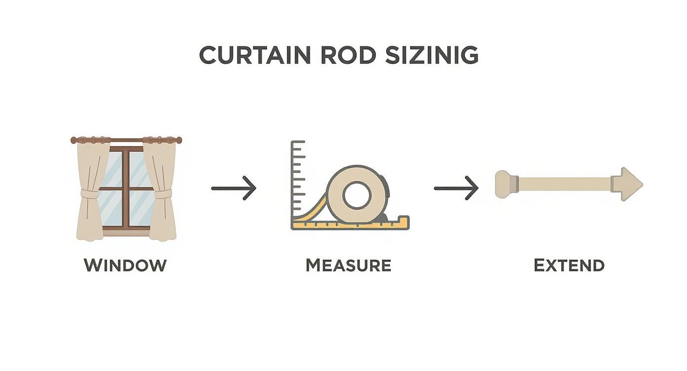 Visual guide for curtain rod sizing, depicting measuring a window for proper rod length.