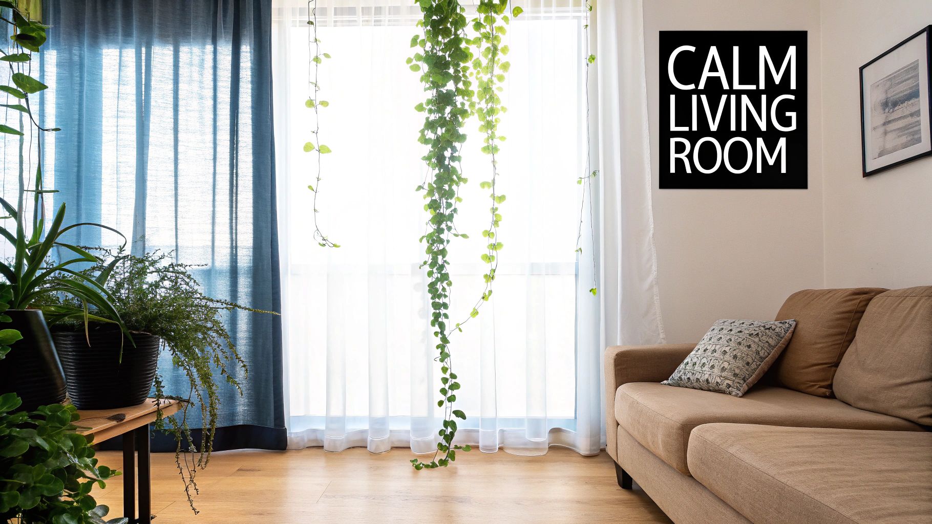 A serene living room with hanging plants, blue and white curtains, a brown sofa, and wall art.