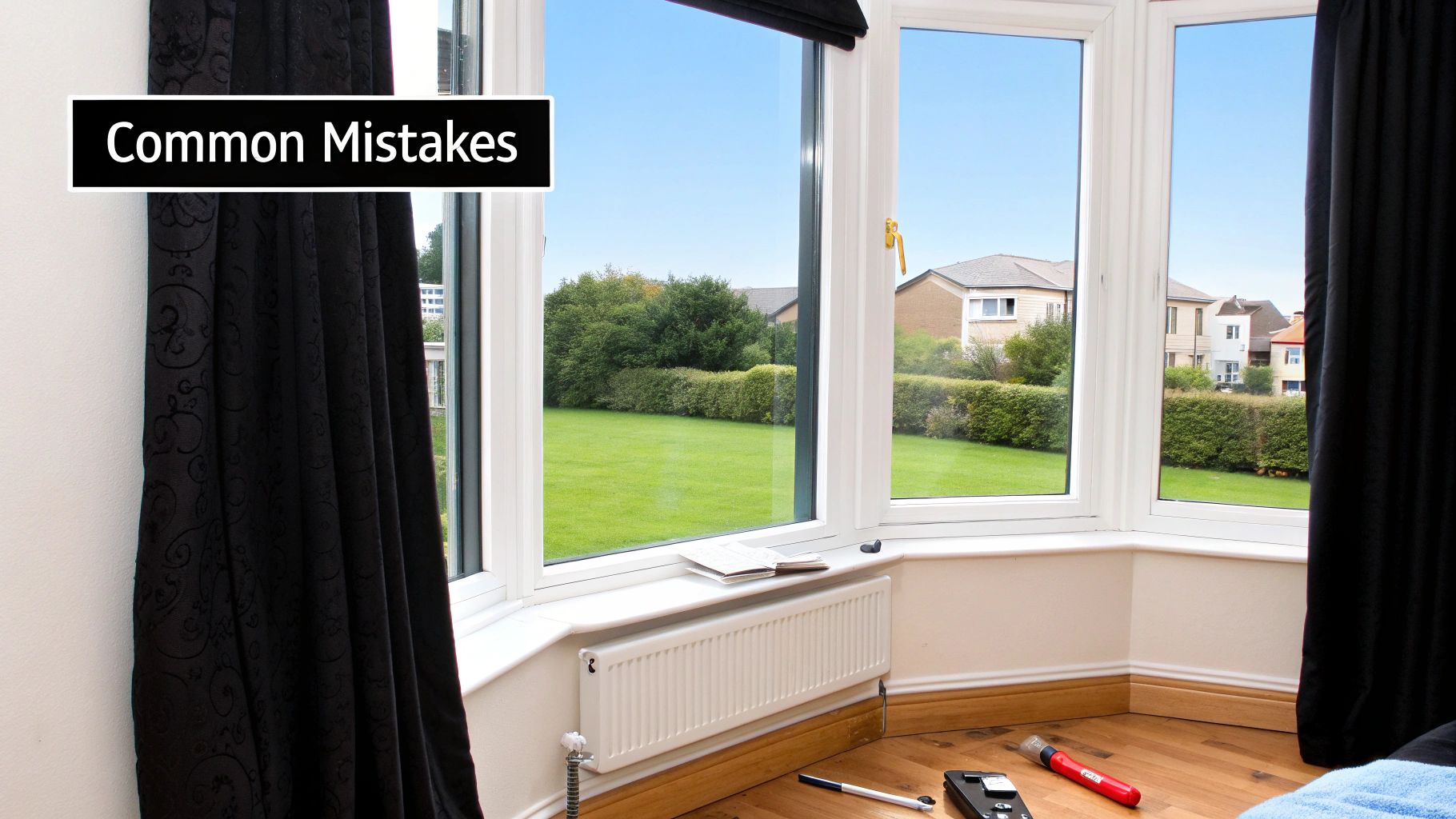 A room featuring a bay window with dark curtains, a radiator, and a green outdoor landscape.