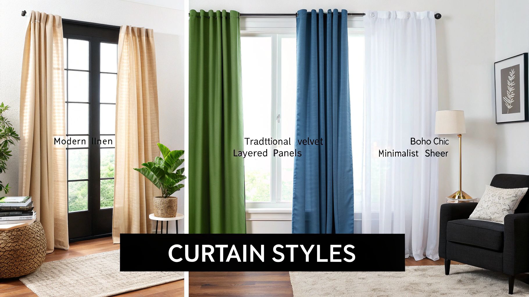 Three distinct curtain styles for living rooms: modern linen, traditional velvet layered, and boho chic minimalist sheer.
