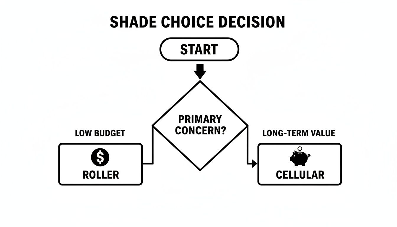 A flowchart for choosing roller or cellular shades based on budget or long-term value.