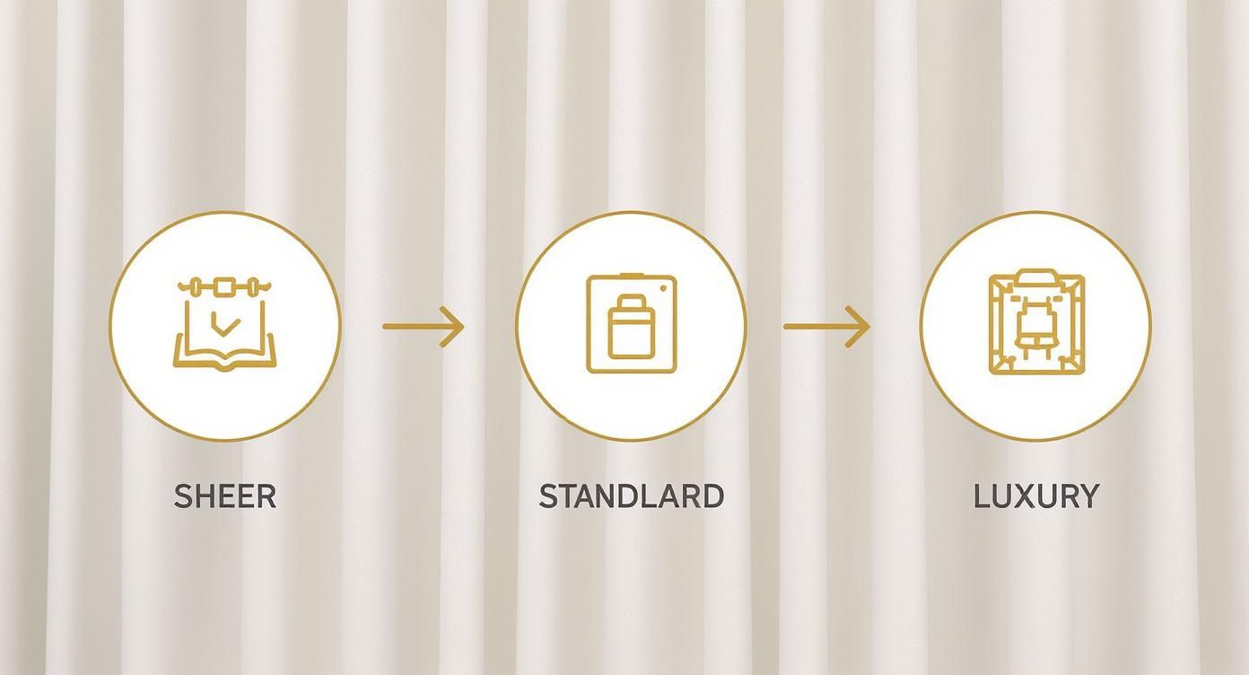 A diagram illustrating the progression of curtain types: Sheer, Standard, and Luxury, each with a distinct icon.