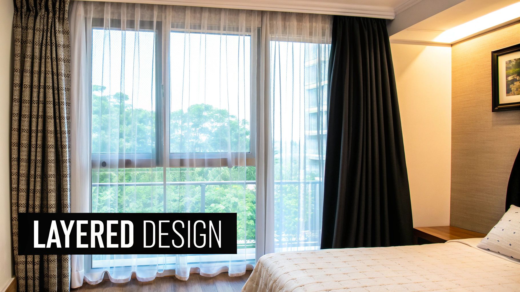 Modern living room with layered sheer and opaque curtains on a large window, controlled by a smart home system.