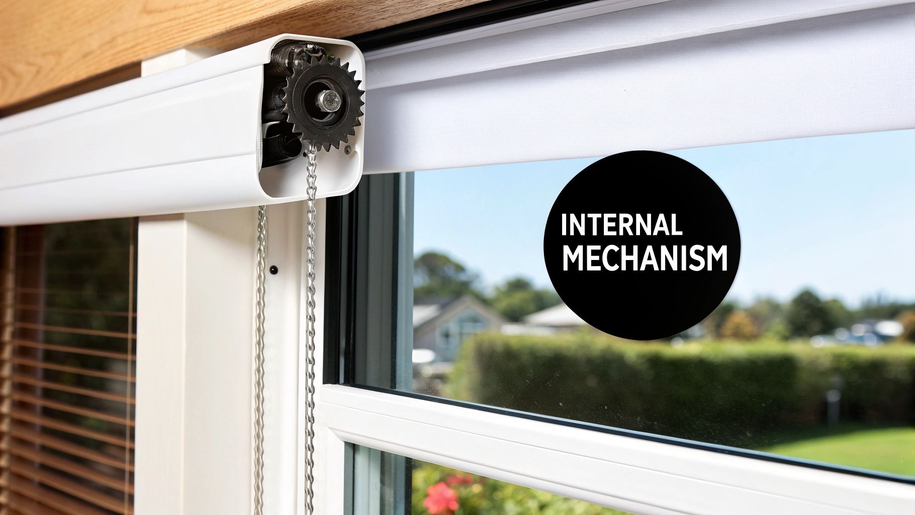 Close-up of a white roller blind's internal mechanism with a metal chain and visible gear.