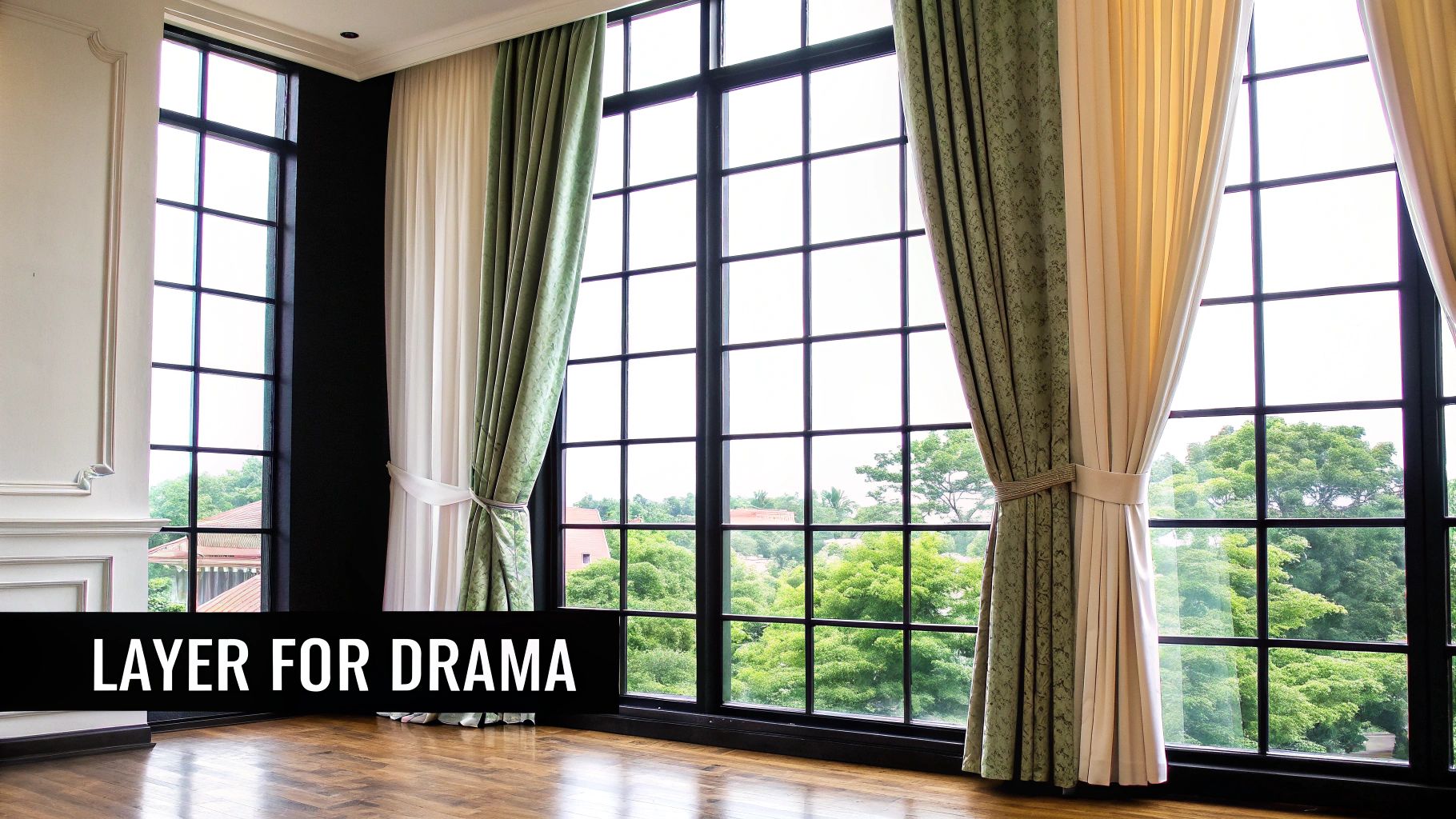 A grand room featuring tall grid windows with layered green and cream drapery tied back, showcasing a lush outdoor view.