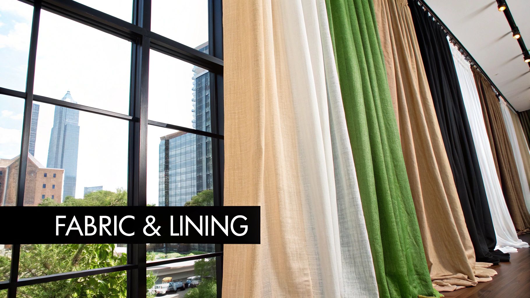 Colorful fabric and lining curtain samples displayed vertically near floor-to-ceiling windows in modern showroom