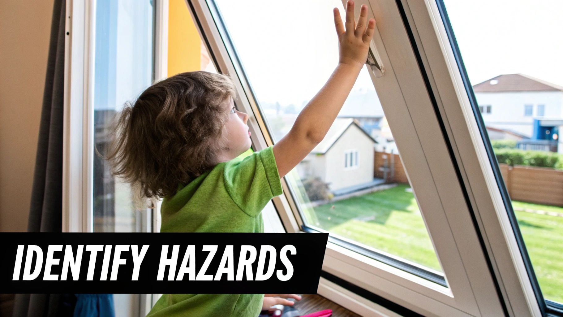 A toddler looking out a large, clean window, safely supervised. Alt text: A young child safely looking out a window that has been properly childproofed.