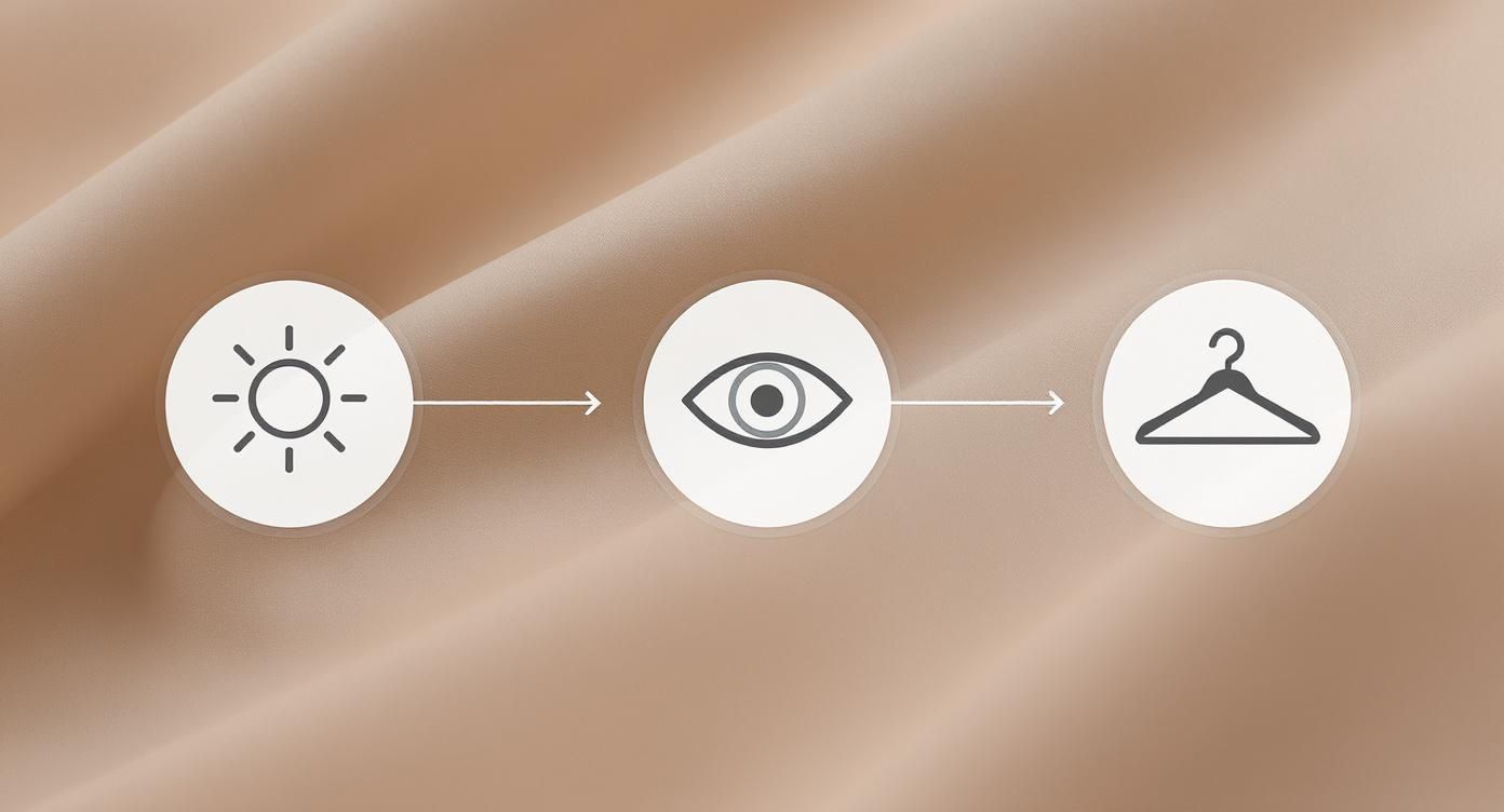 Three circular icons showing sun, eye, and clothing hanger symbols connected by arrows on beige background