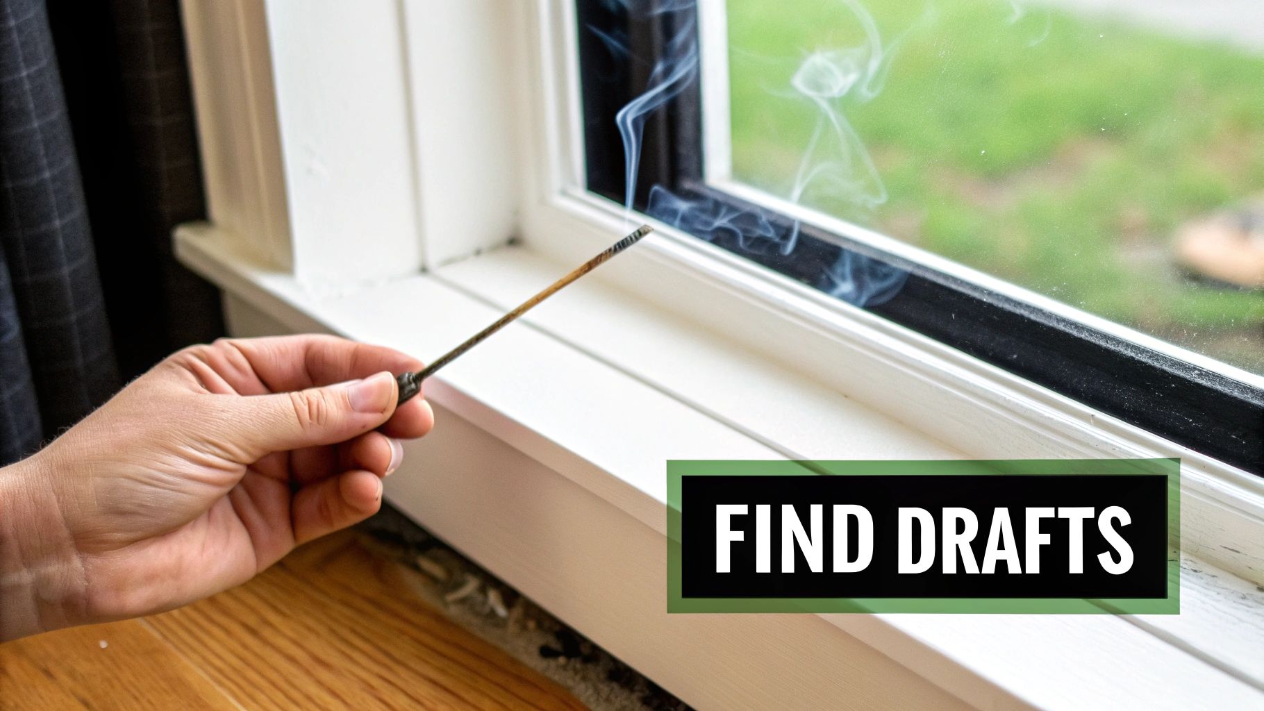 A hand uses a smoking incense stick to find drafts around a white window frame.