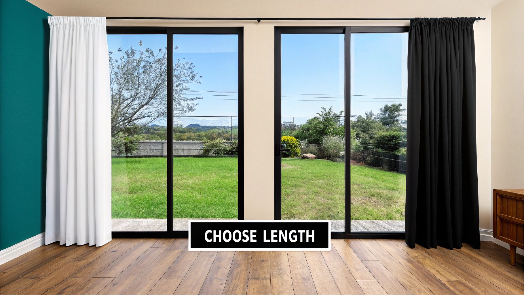 A modern room with large sliding glass doors, white and black curtains, and a view of a lush green backyard.