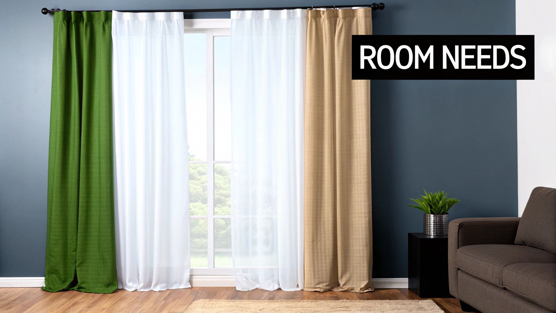 A room showcasing three different curtain styles: green, white sheer, and tan, with a sofa and plant.