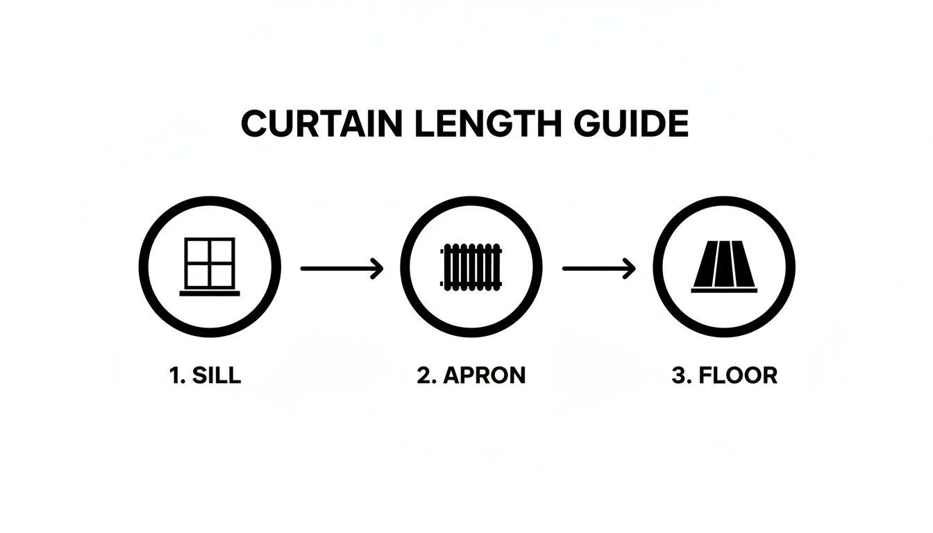 A visual guide illustrating three common curtain lengths: sill, apron, and floor styles.