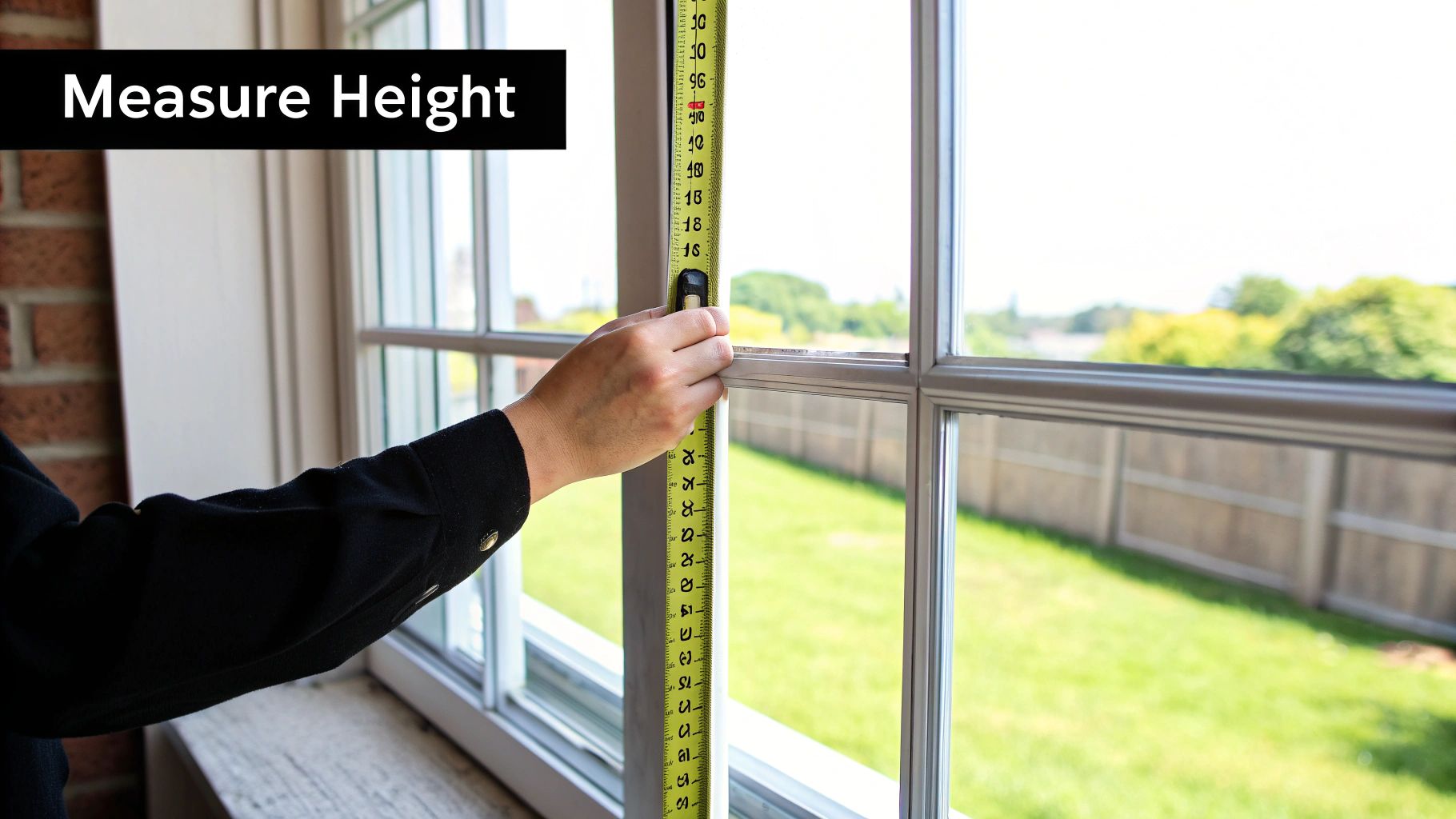 A window with blinds installed using an outside mount, covering the window frame entirely.