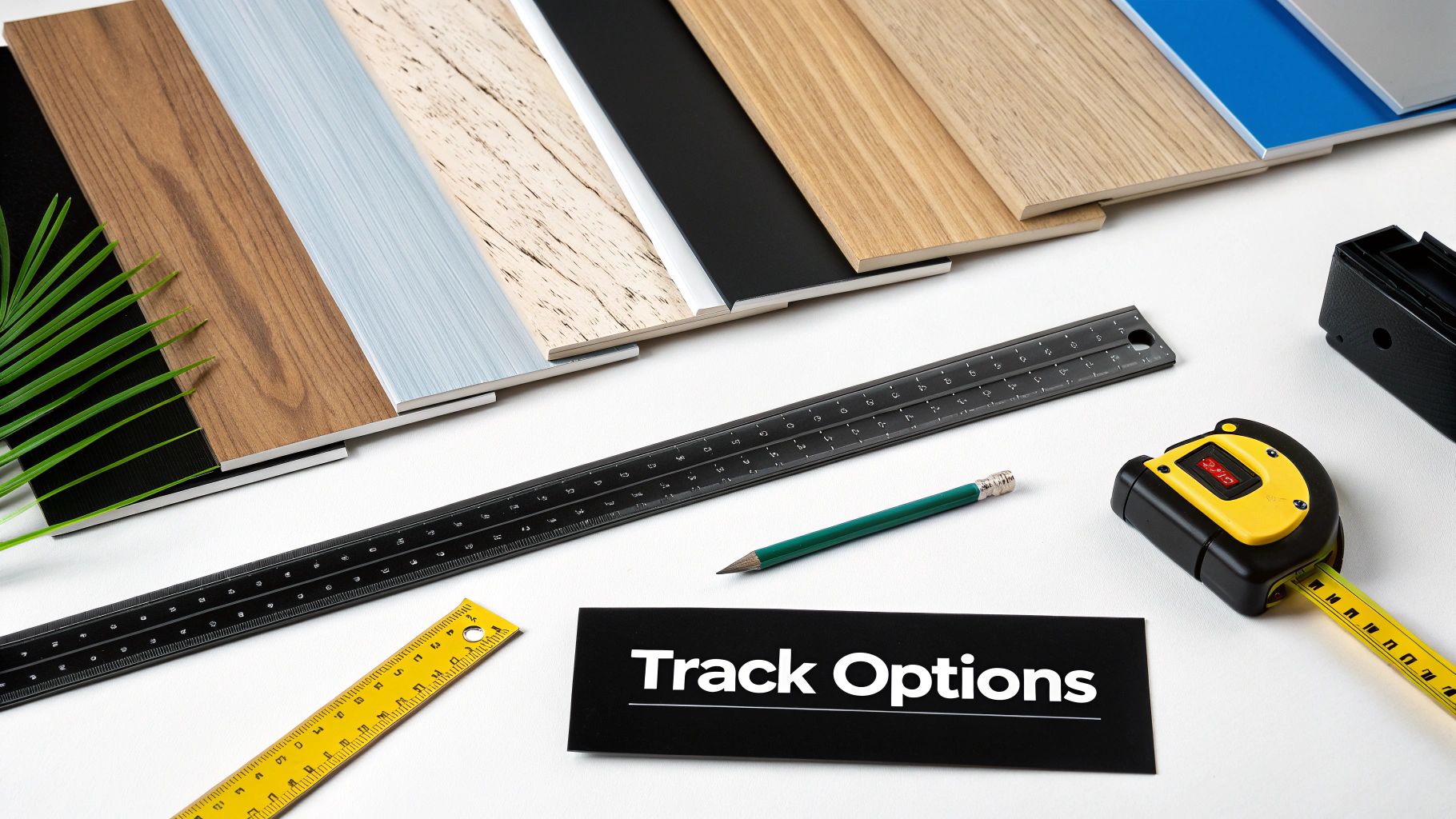 Various material samples, including wood textures and colors, with rulers, pencil, and tape measure.