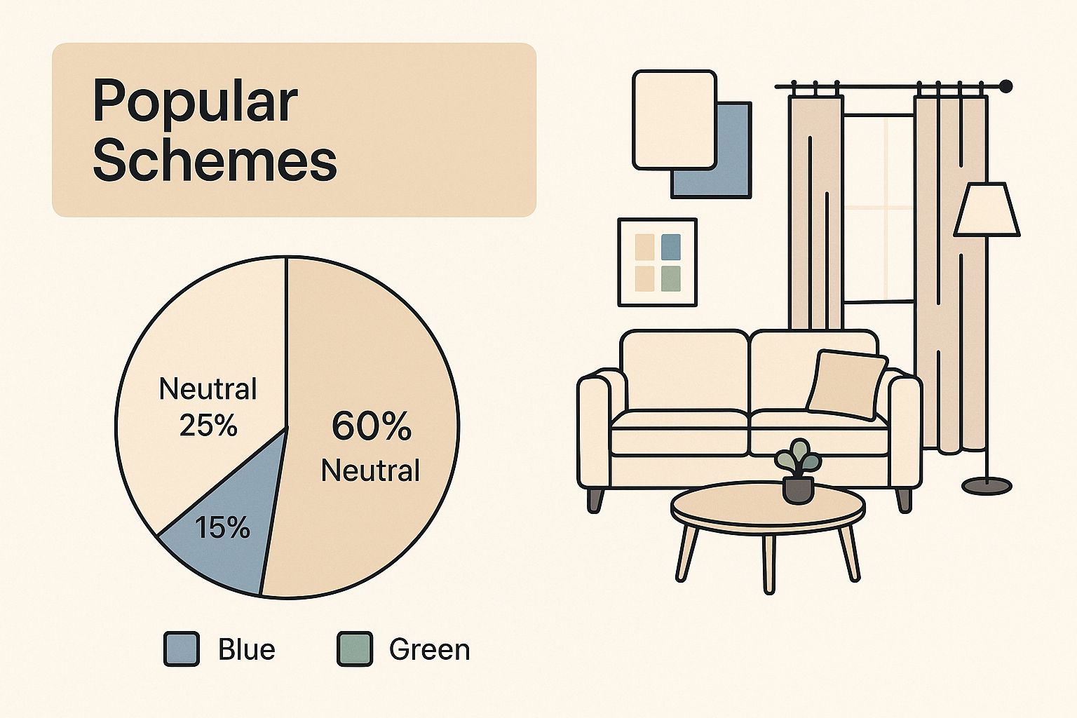 Color palette swatches of white, beige, and gray, ideal for a minimalist living room.