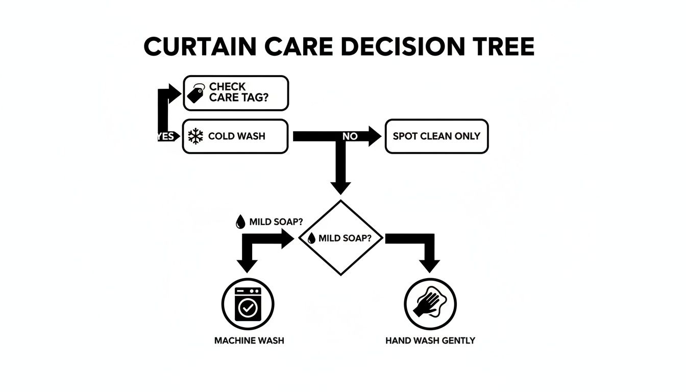 Flowchart detailing the curtain care decision process, including checking care tag, cold wash, spot clean, and mild soap options for machine or hand washing.