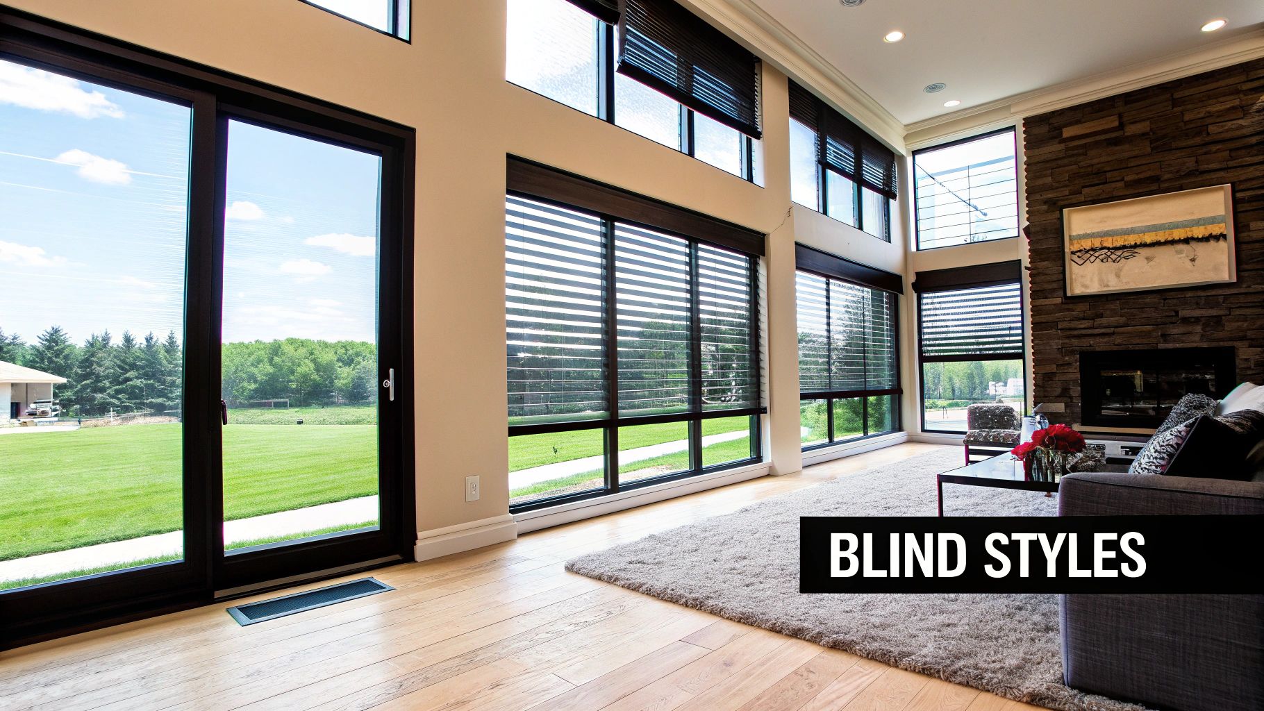 A modern living room featuring sleek, large roller shades on expansive windows