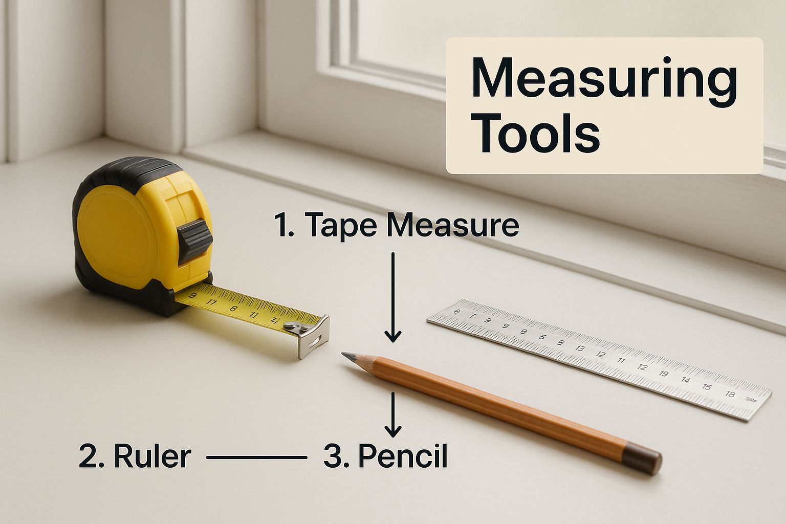 A steel tape measure and a pencil resting on a window sill, essential tools for measuring for blinds.