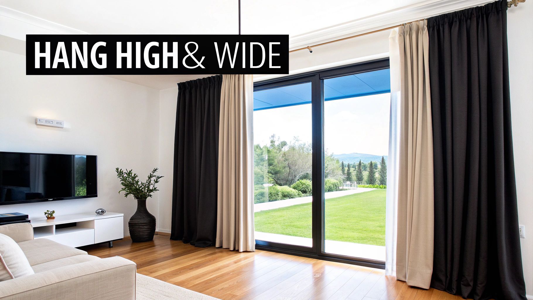 Modern living room with black and beige curtains hung high and wide around glass patio doors, demonstrating where to hang curtains for maximum effect.