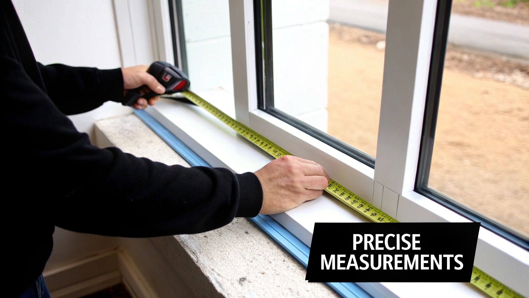 A person measures the width of a white window frame with a yellow tape measure.
