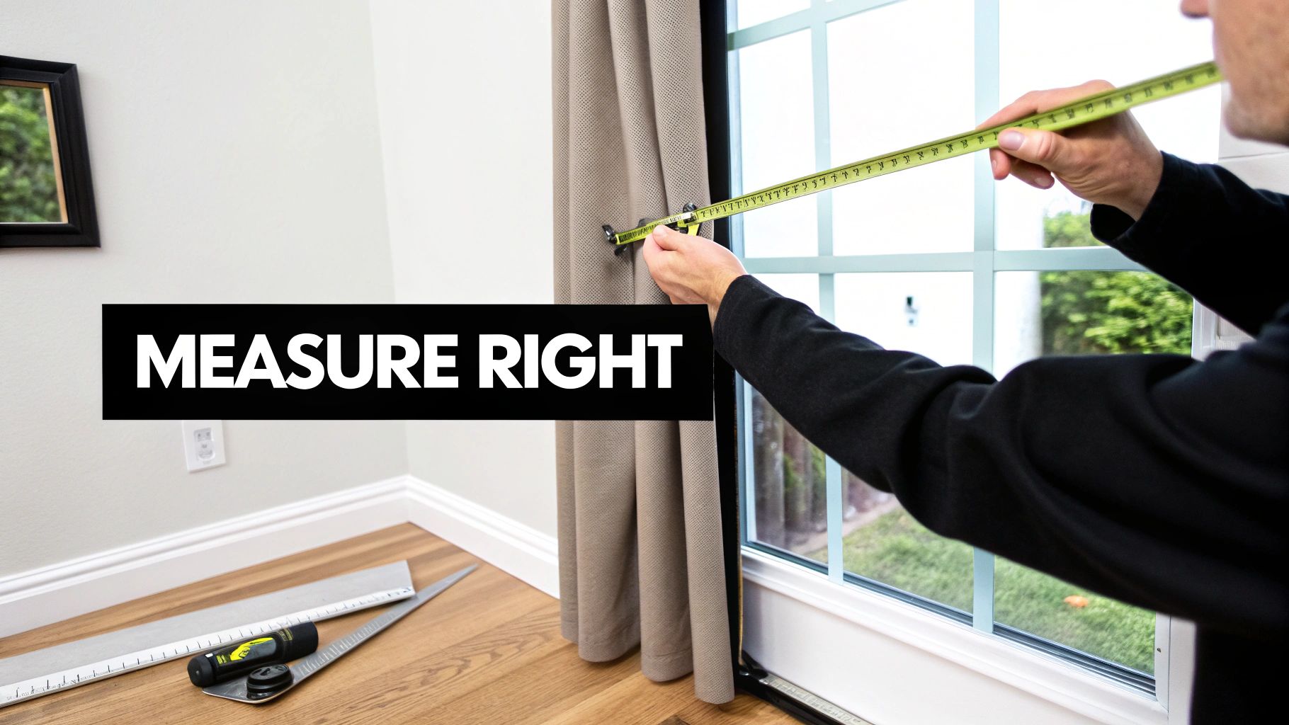 A person using a metal tape measure to determine the length needed for new curtains on a window.