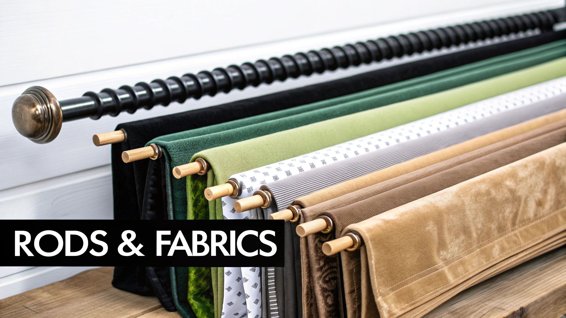 Close-up of various colored fabrics displayed on wooden dowels with a decorative curtain rod.