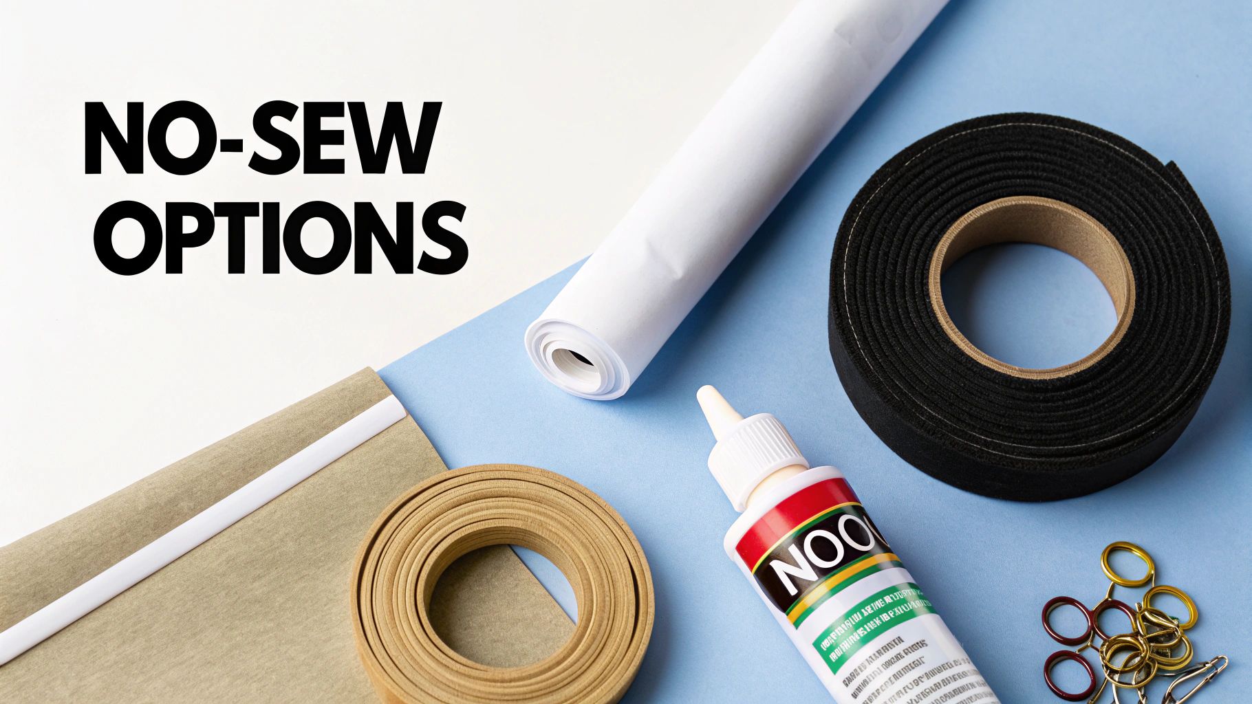 No-sew craft supplies, including fabric glue, tapes, and rings, for various DIY projects.