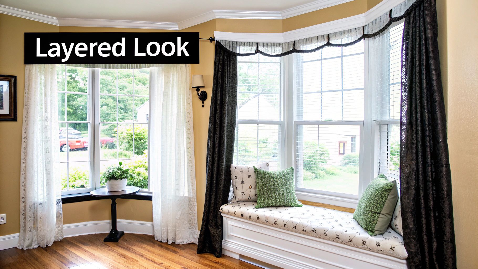 A bay window with layered curtains, including sheer and dark drapes, and a decorative valance.