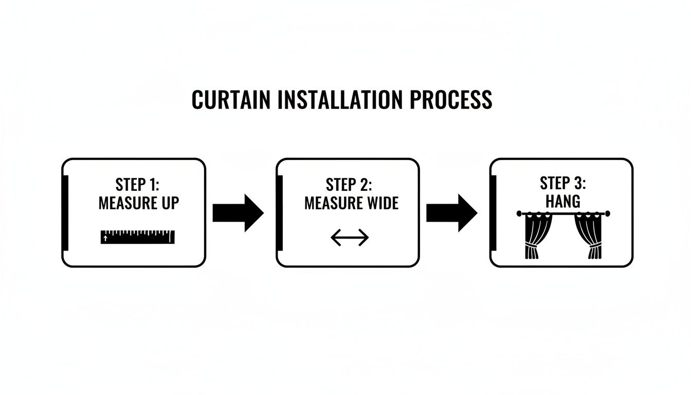 Infographic showing the three-step process of where to hang curtains: measure up, measure wide, then hang.