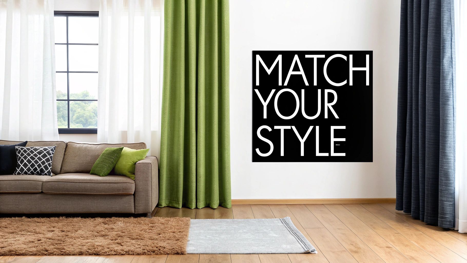 A cozy bedroom corner with neutral-toned, floor-length curtains providing a soft backdrop to a wooden side table and a comfortable chair.