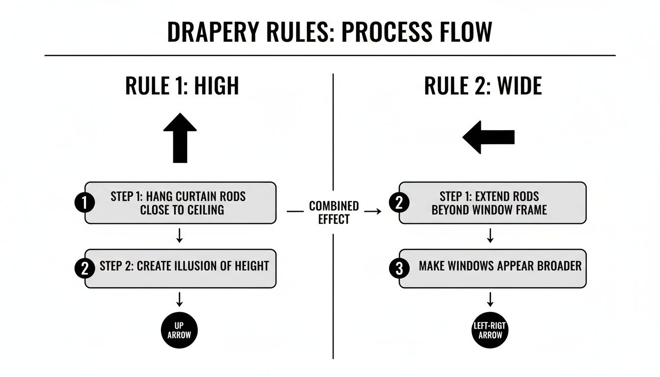 Flowchart detailing drapery rules for making windows appear high and wide, with actionable steps.